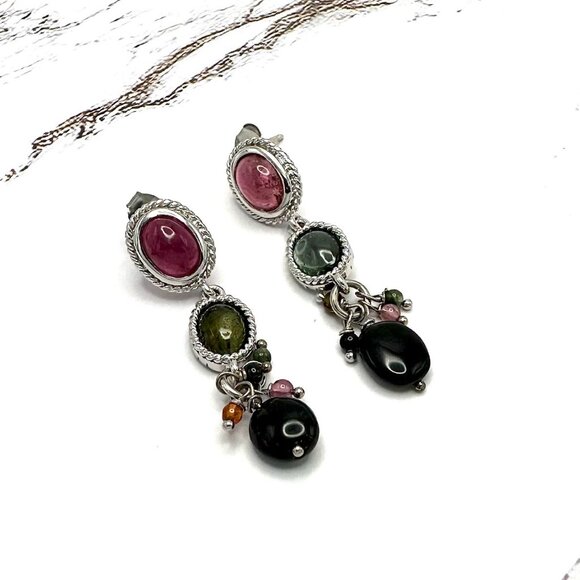 Multicolor Natural Tourmaline Sterling Silver Filigree Accented Drop Earrings - Picture 4 of 6